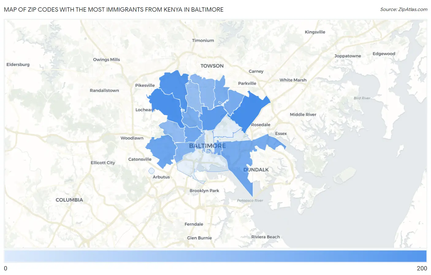 Zip Codes with the Most Immigrants from Kenya in Baltimore Map