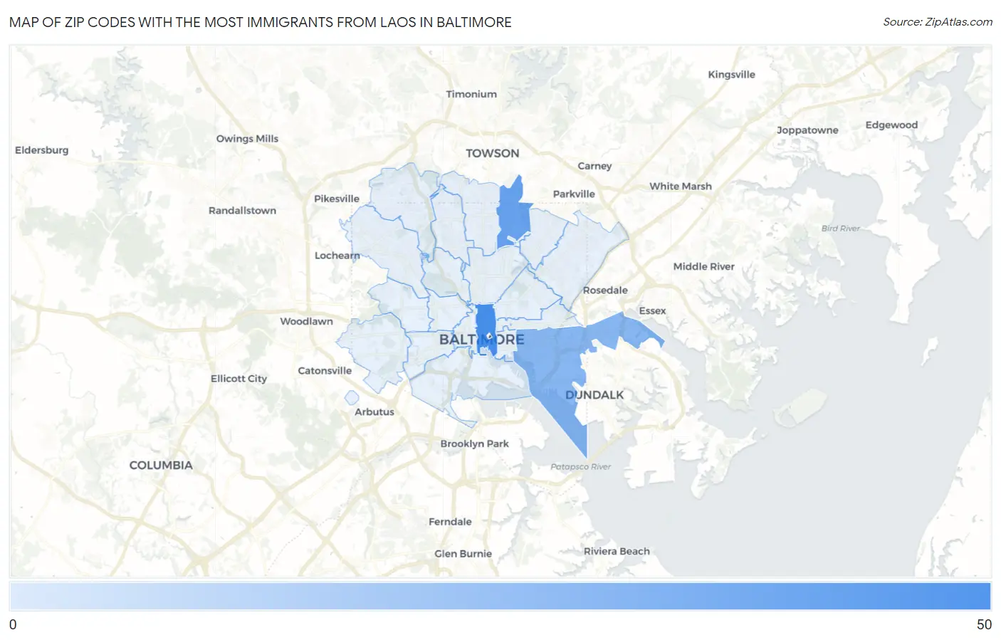 Zip Codes with the Most Immigrants from Laos in Baltimore Map