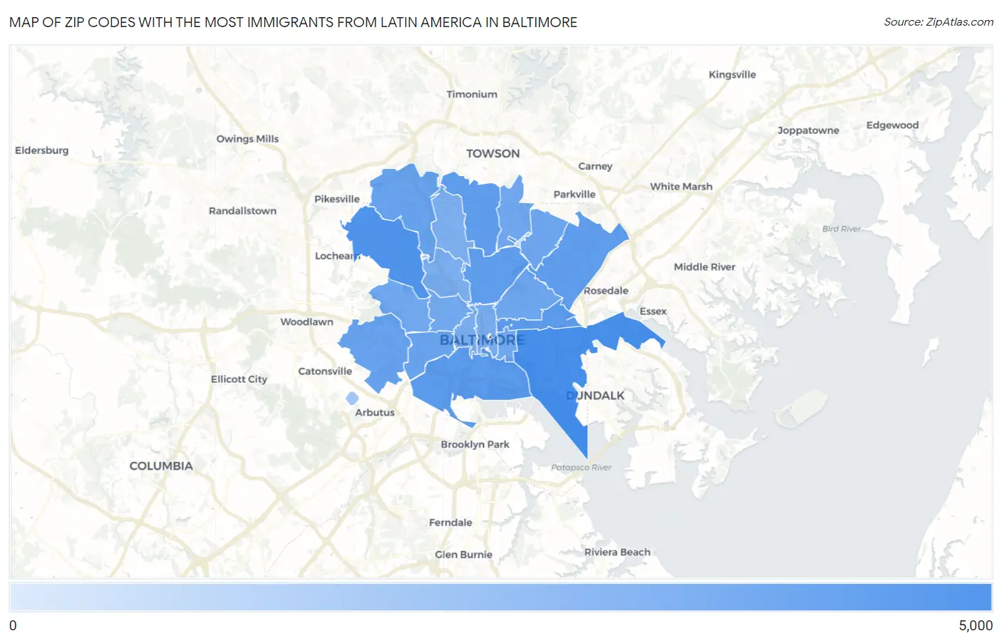 Zip Codes with the Most Immigrants from Latin America in Baltimore Map