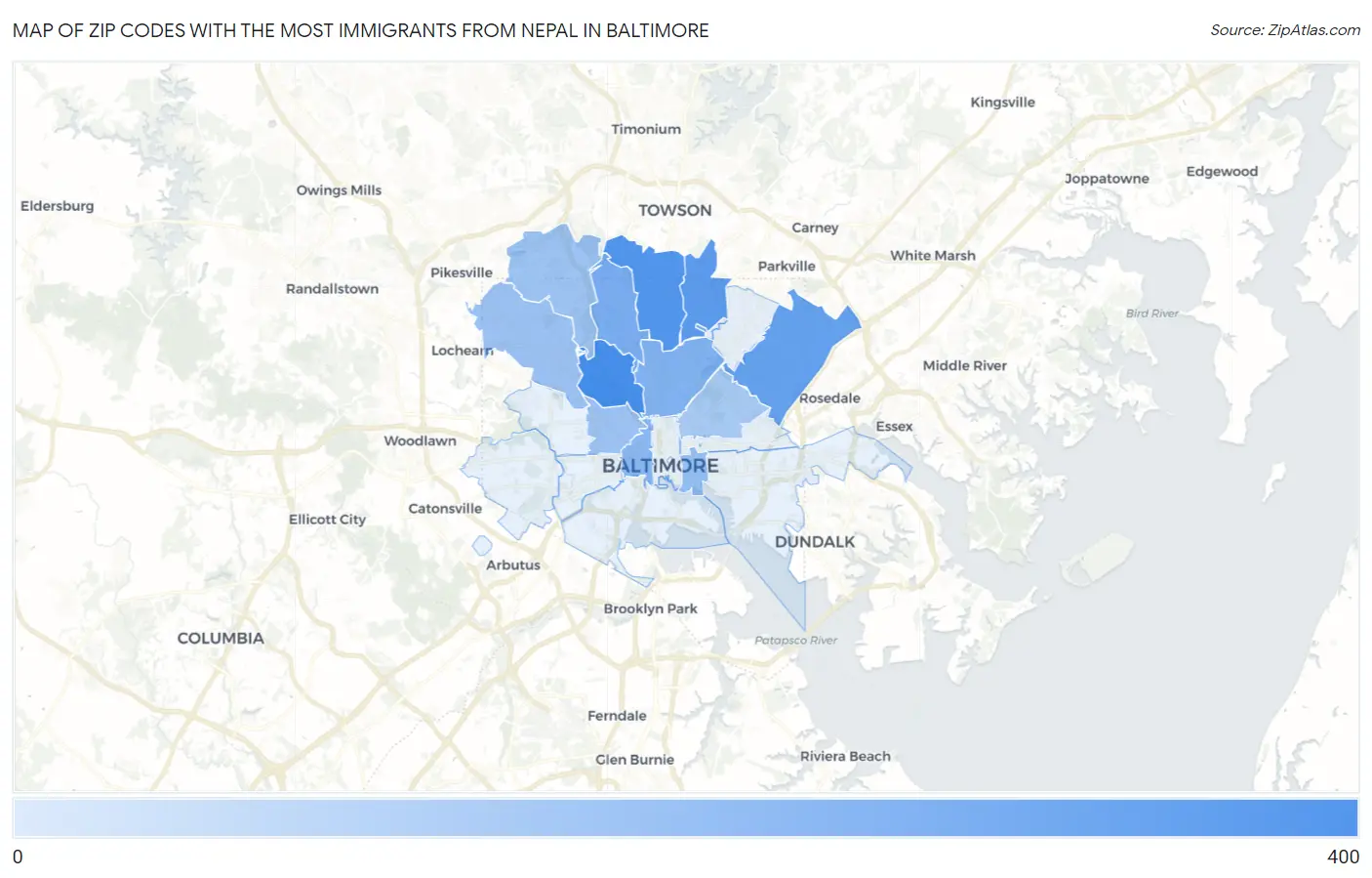 Zip Codes with the Most Immigrants from Nepal in Baltimore Map