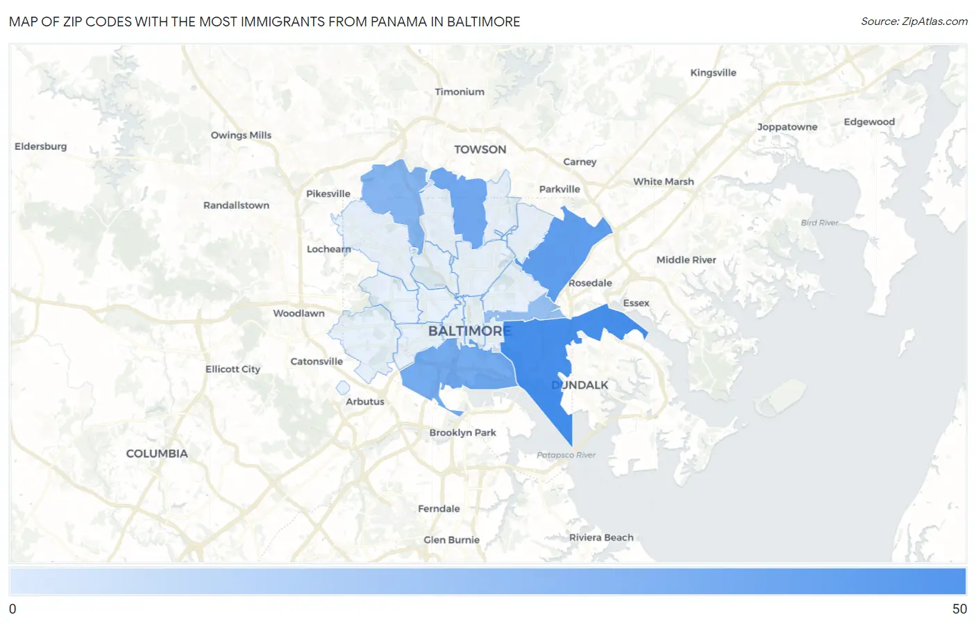 Zip Codes with the Most Immigrants from Panama in Baltimore Map