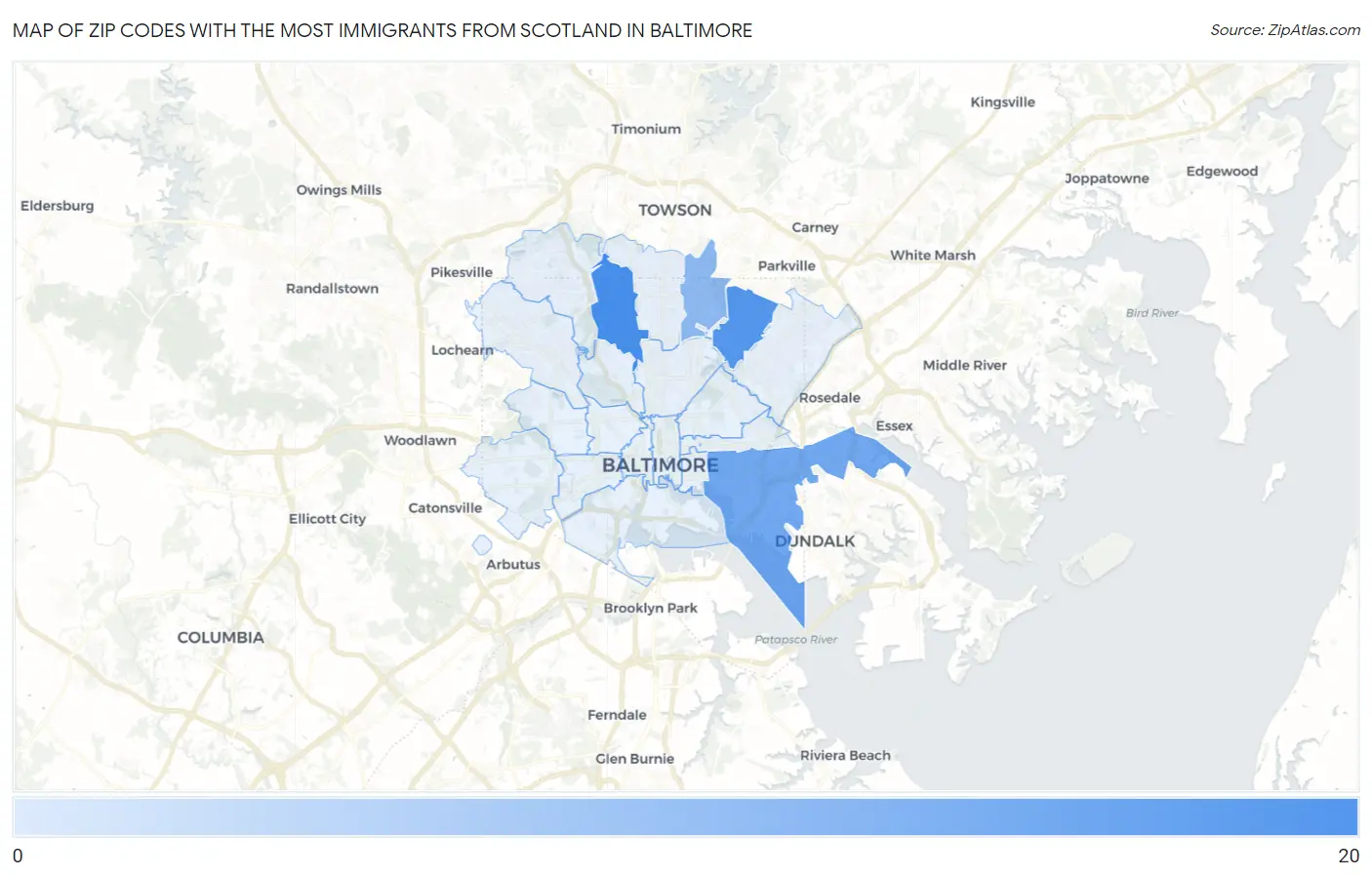 Zip Codes with the Most Immigrants from Scotland in Baltimore Map
