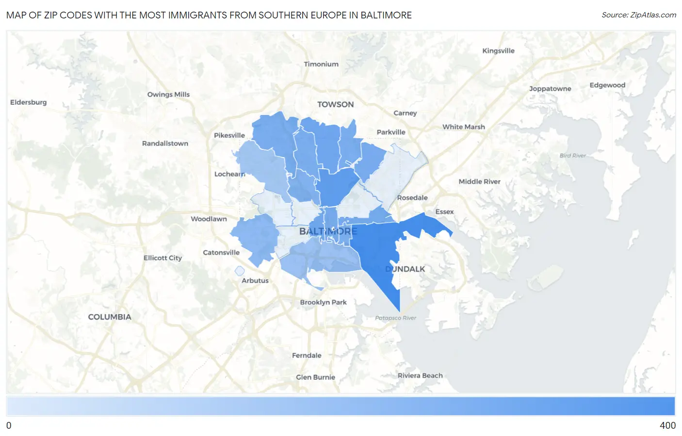 Zip Codes with the Most Immigrants from Southern Europe in Baltimore Map