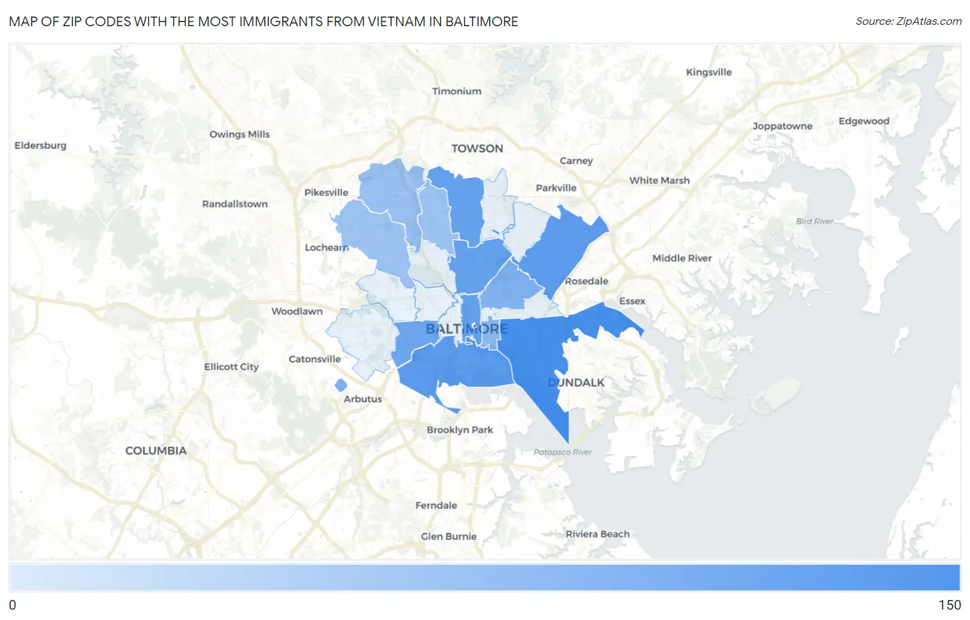 Zip Codes with the Most Immigrants from Vietnam in Baltimore Map
