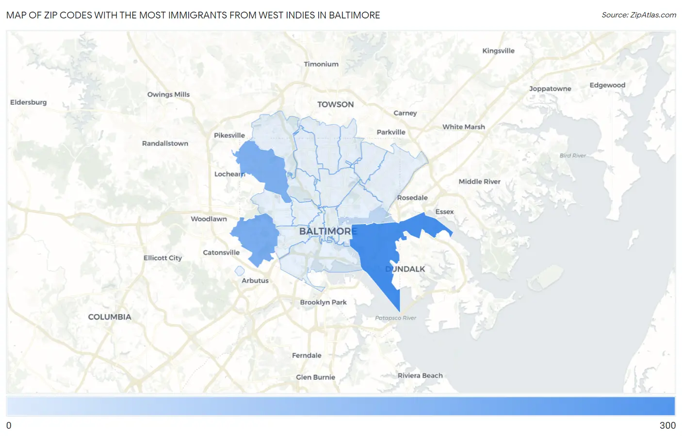 Zip Codes with the Most Immigrants from West Indies in Baltimore Map