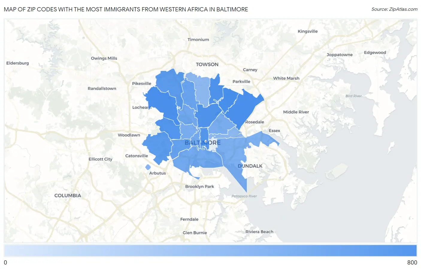 Zip Codes with the Most Immigrants from Western Africa in Baltimore Map