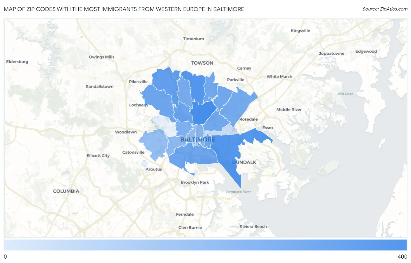 Zip Codes with the Most Immigrants from Western Europe in Baltimore Map