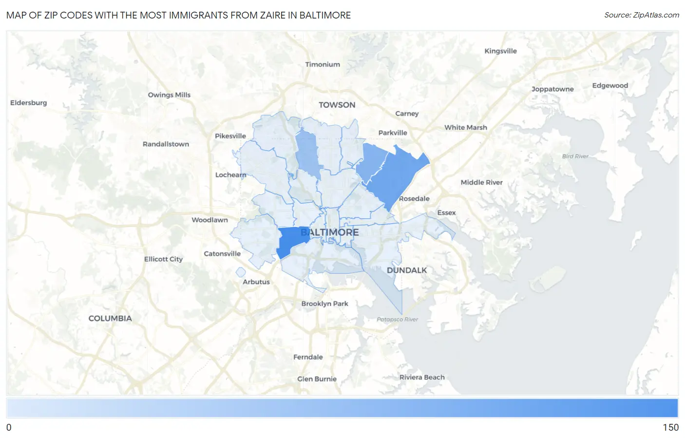 Zip Codes with the Most Immigrants from Zaire in Baltimore Map