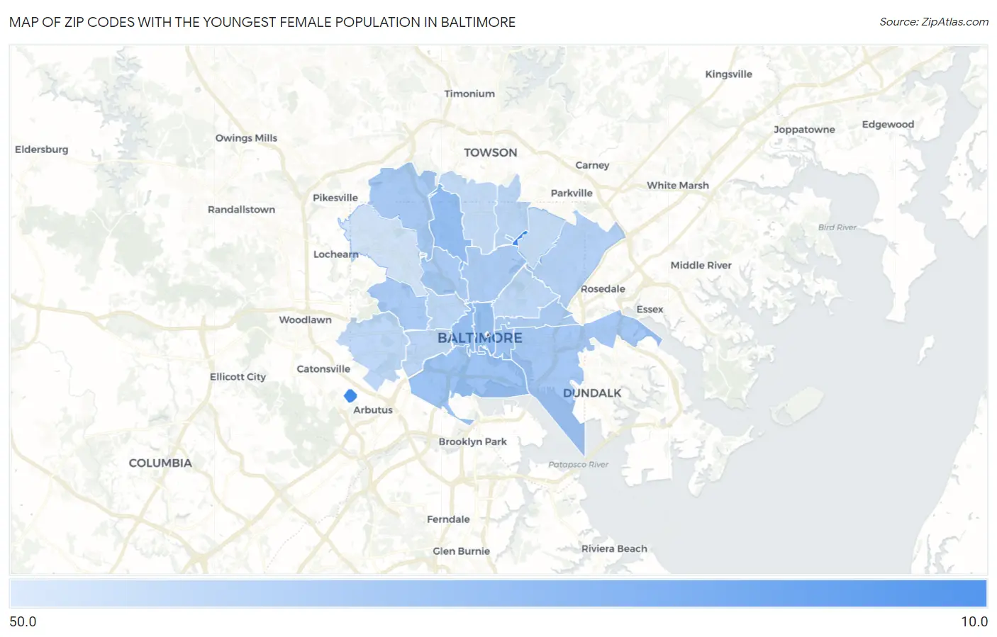 Zip Codes with the Youngest Female Population in Baltimore Map