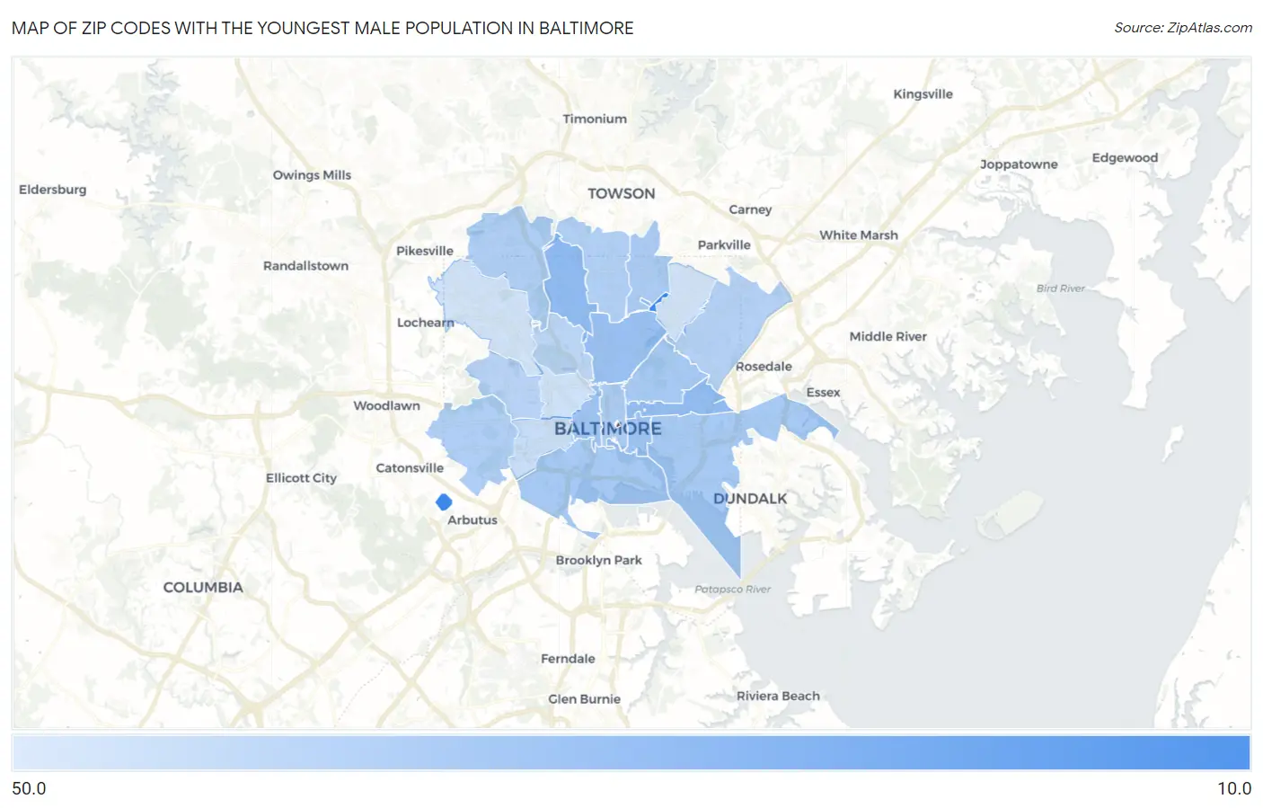 Zip Codes with the Youngest Male Population in Baltimore Map