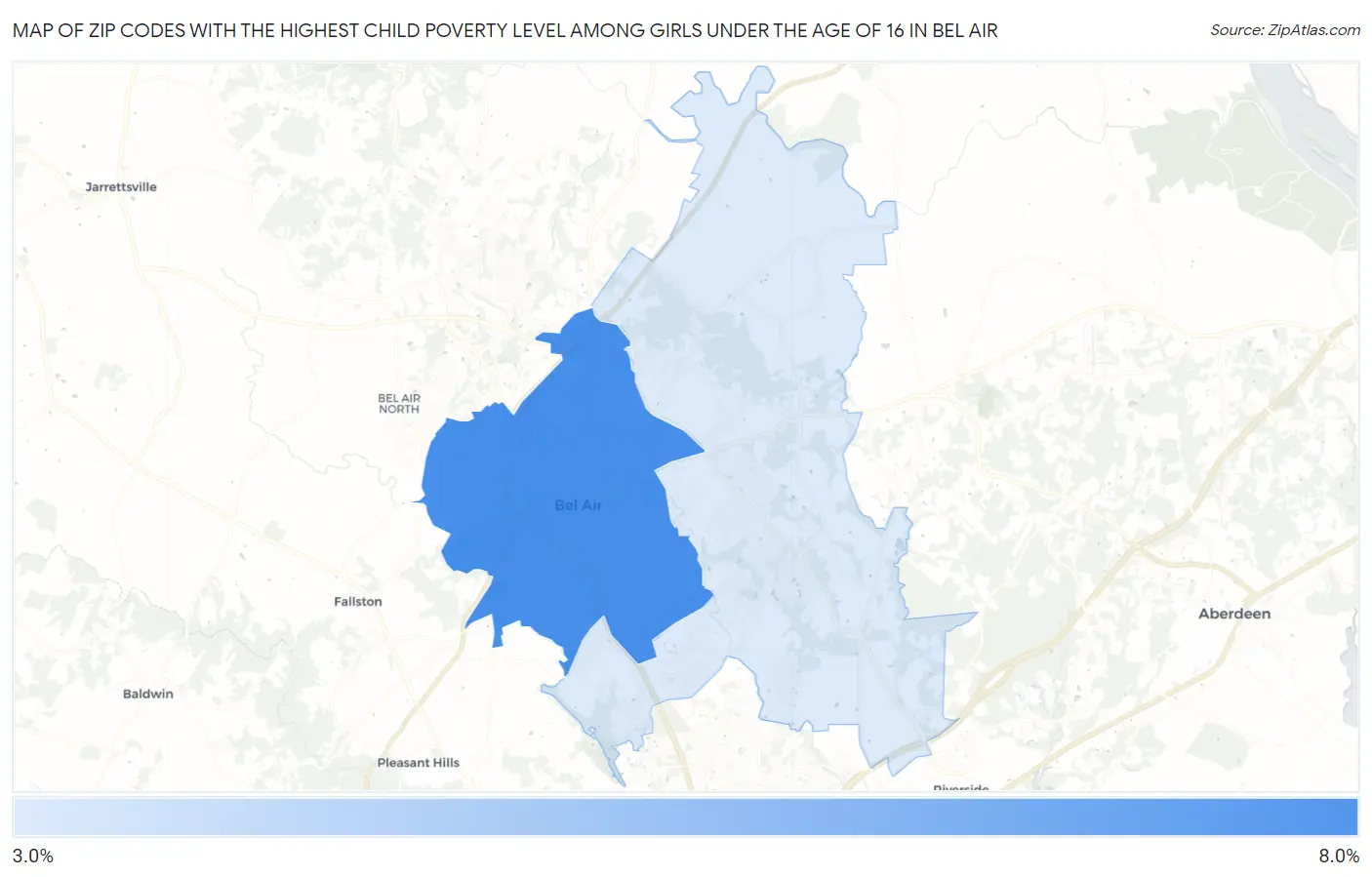 Zip Codes with the Highest Child Poverty Level Among Girls Under the Age of 16 in Bel Air Map