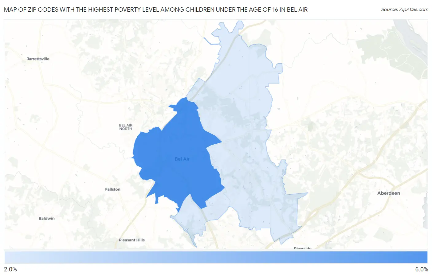 Zip Codes with the Highest Poverty Level Among Children Under the Age of 16 in Bel Air Map