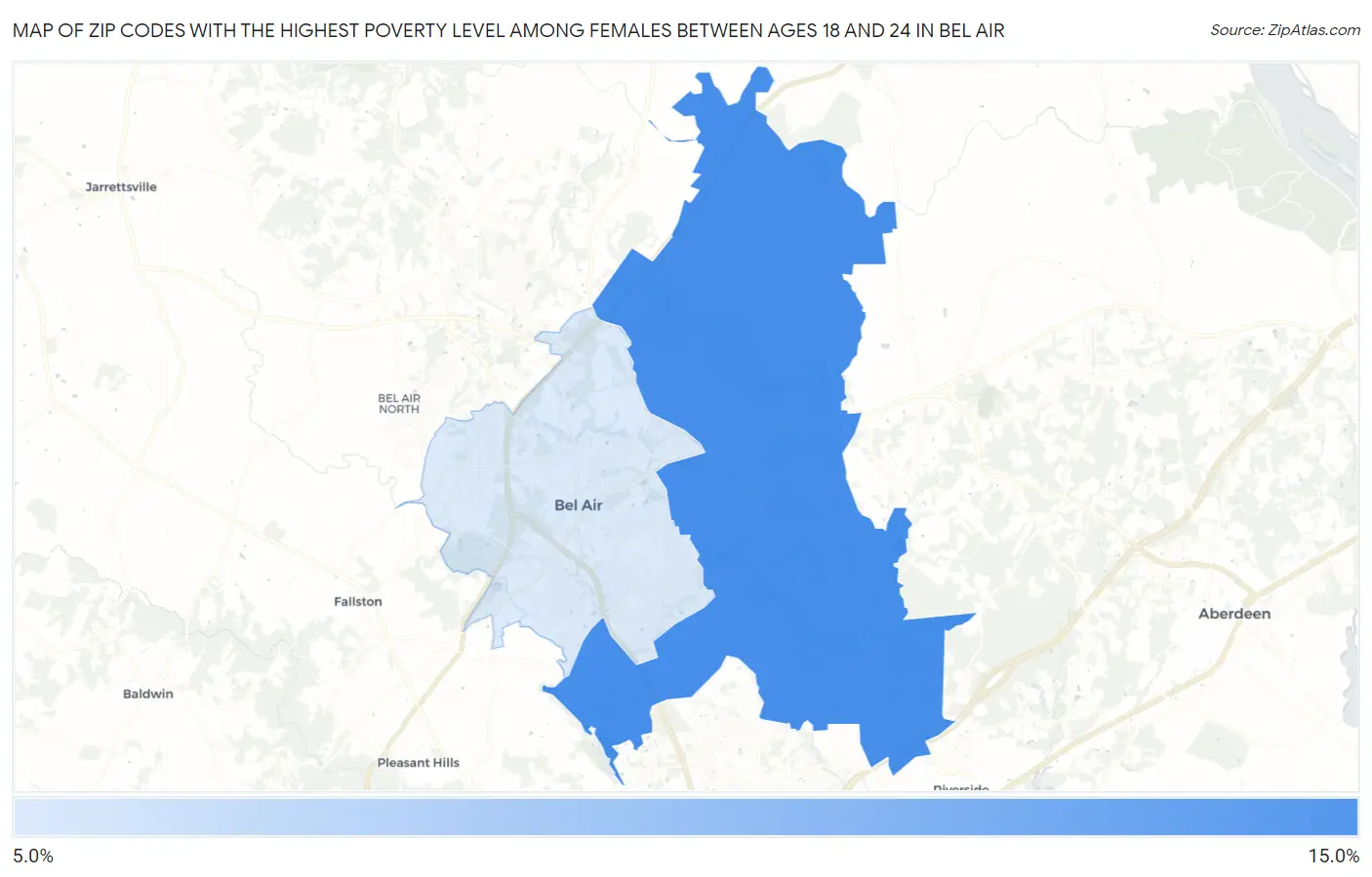 Zip Codes with the Highest Poverty Level Among Females Between Ages 18 and 24 in Bel Air Map