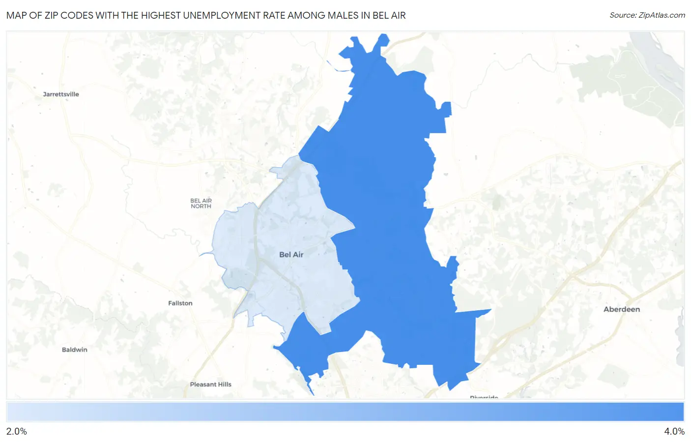 Zip Codes with the Highest Unemployment Rate Among Males in Bel Air Map