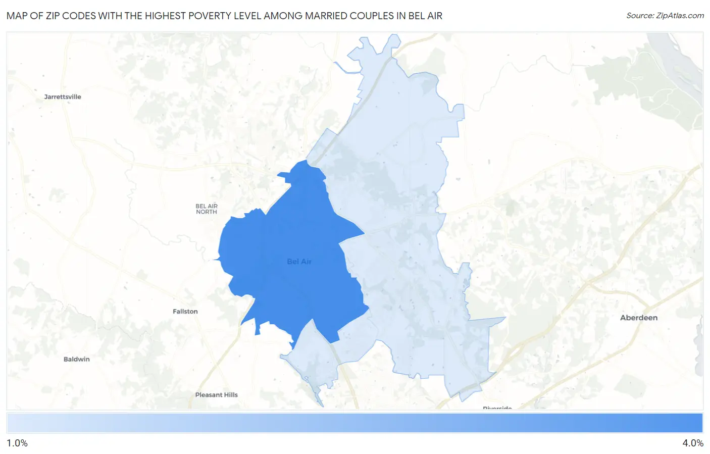 Zip Codes with the Highest Poverty Level Among Married Couples in Bel Air Map