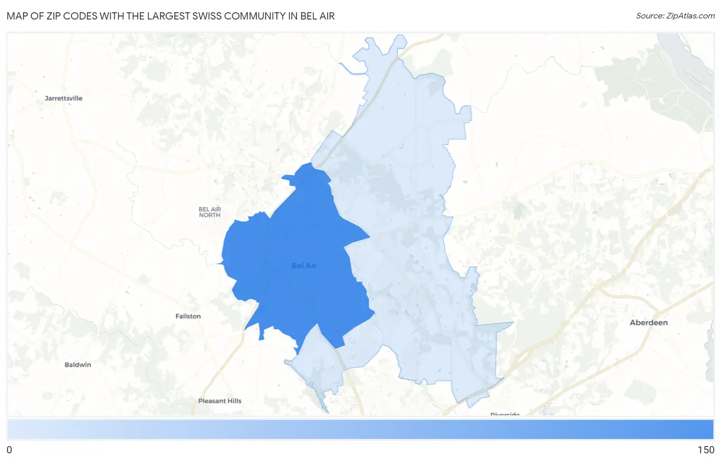 Zip Codes with the Largest Swiss Community in Bel Air Map