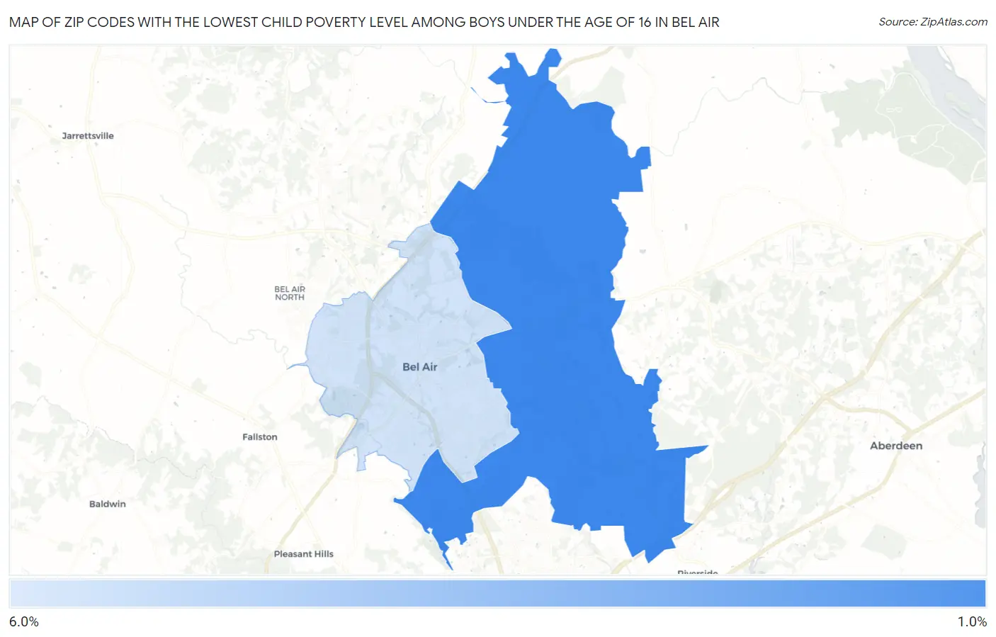 Zip Codes with the Lowest Child Poverty Level Among Boys Under the Age of 16 in Bel Air Map