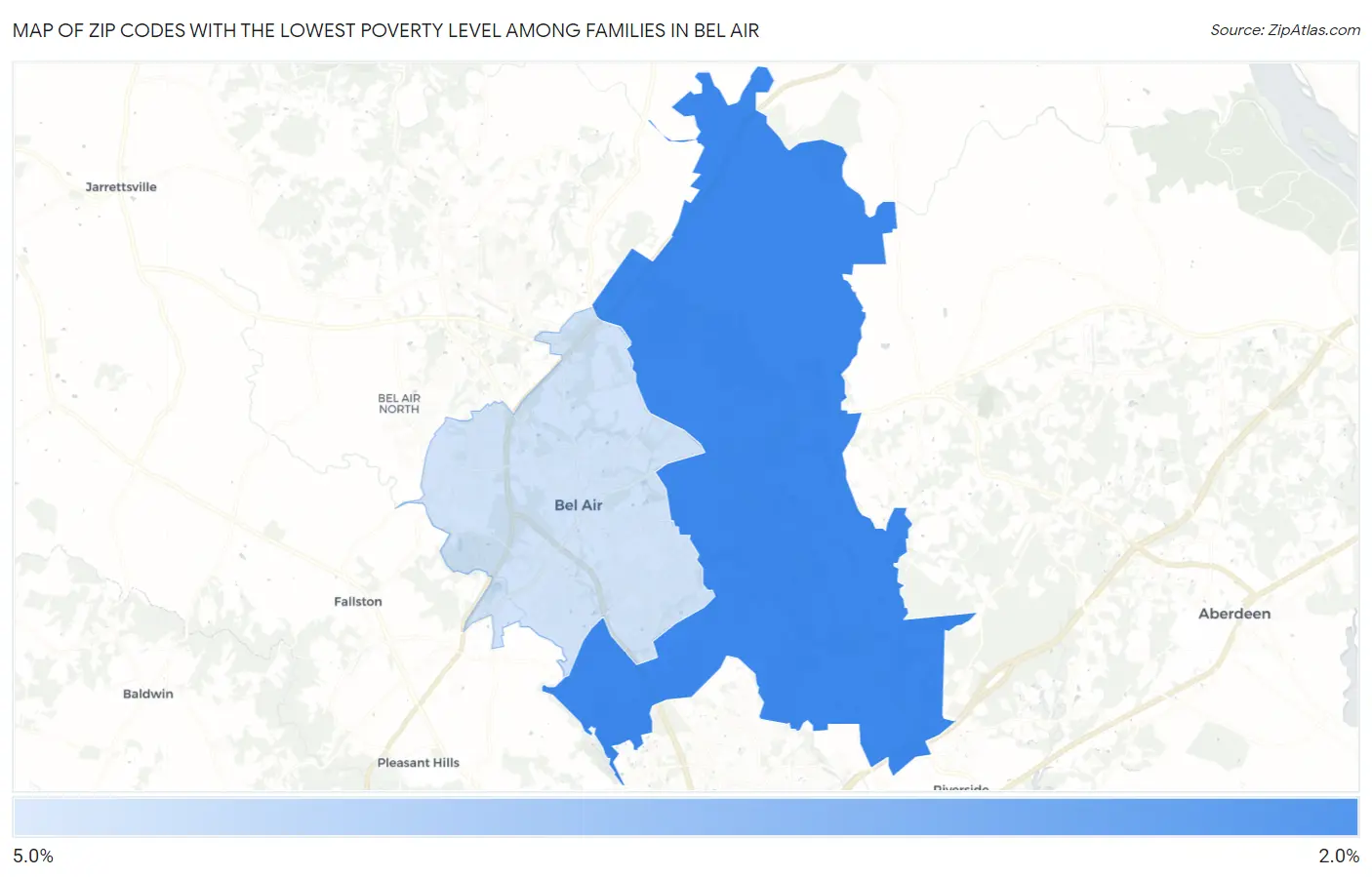 Zip Codes with the Lowest Poverty Level Among Families in Bel Air Map