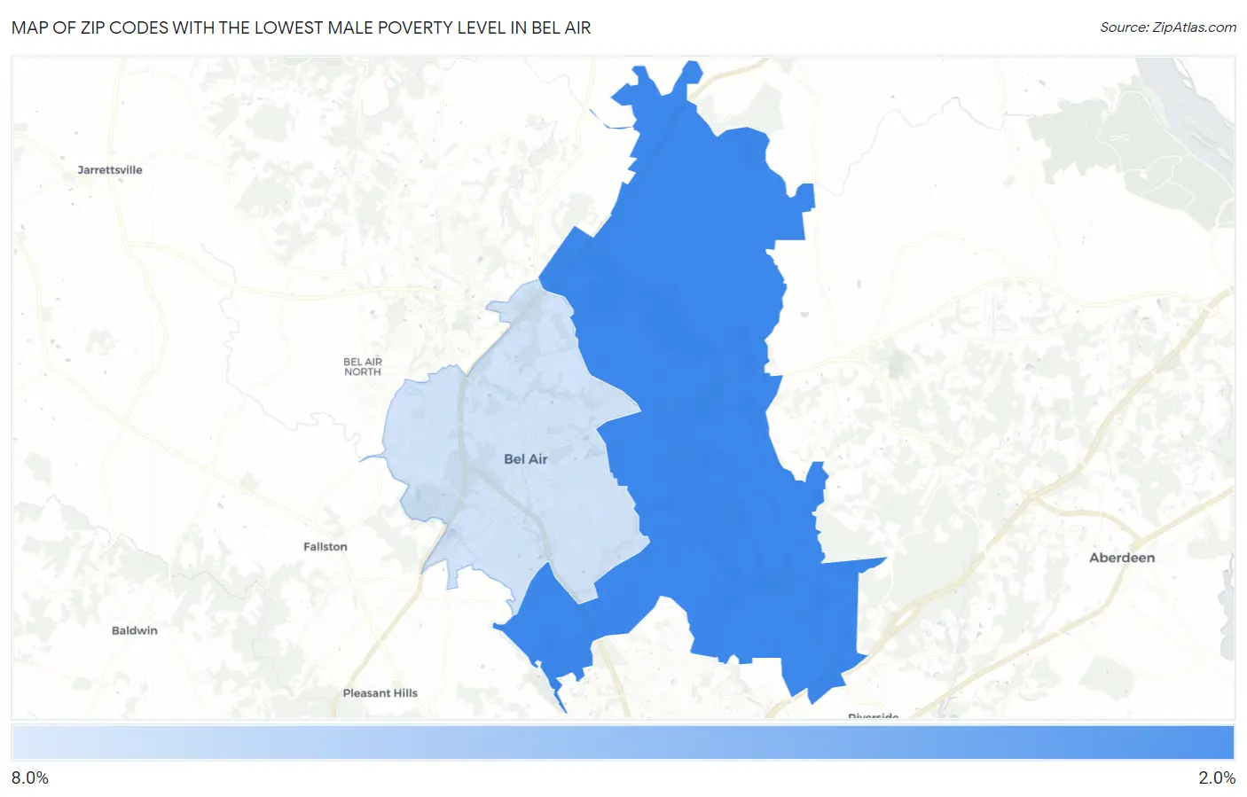 Zip Codes with the Lowest Male Poverty Level in Bel Air Map