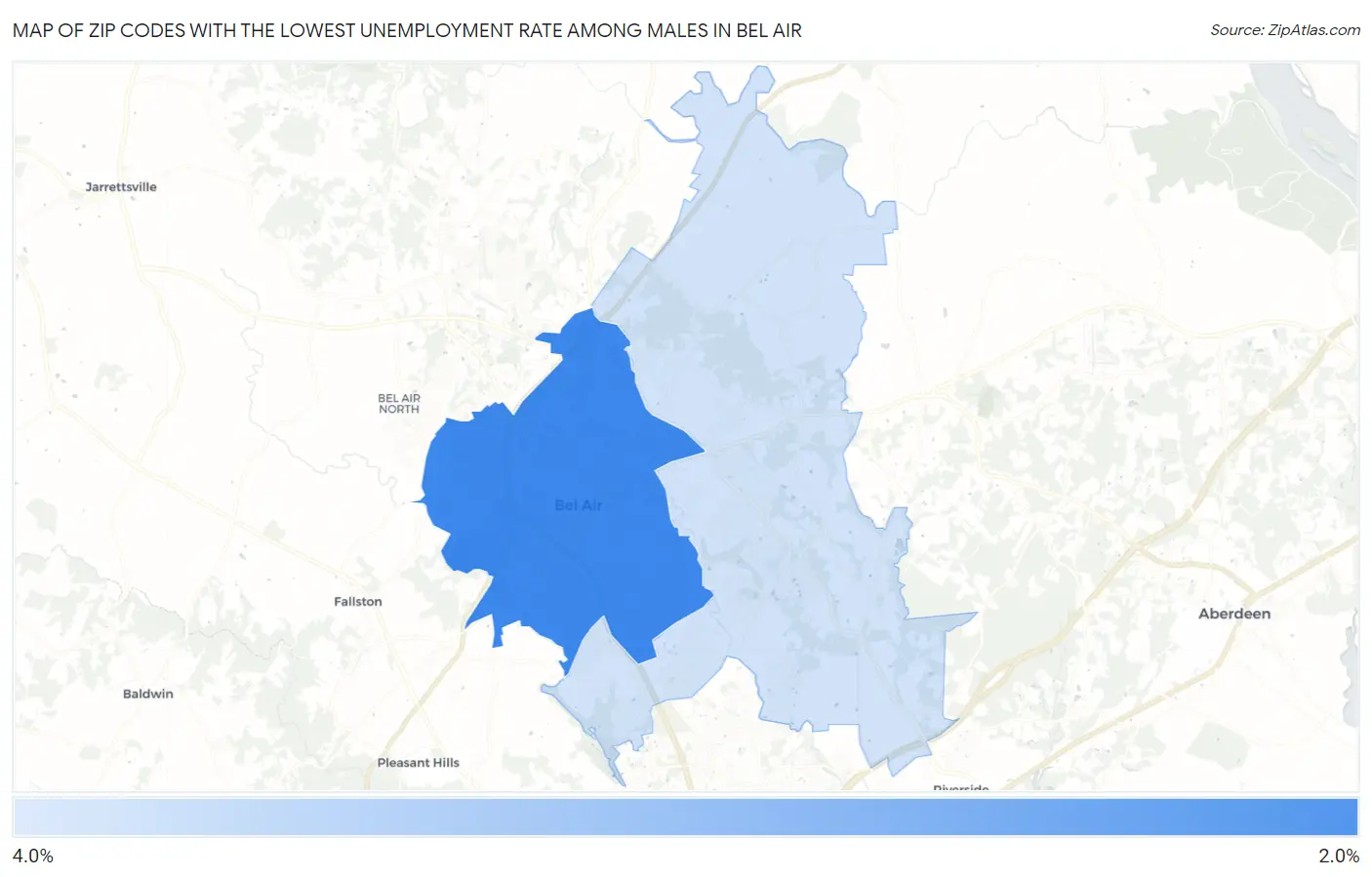 Zip Codes with the Lowest Unemployment Rate Among Males in Bel Air Map
