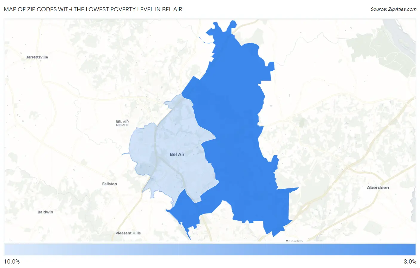 Zip Codes with the Lowest Poverty Level in Bel Air Map