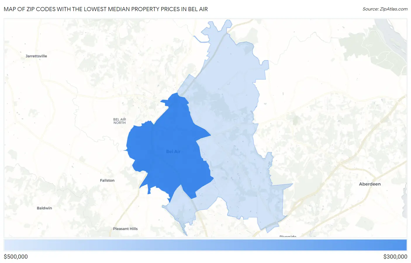 Zip Codes with the Lowest Median Property Prices in Bel Air Map