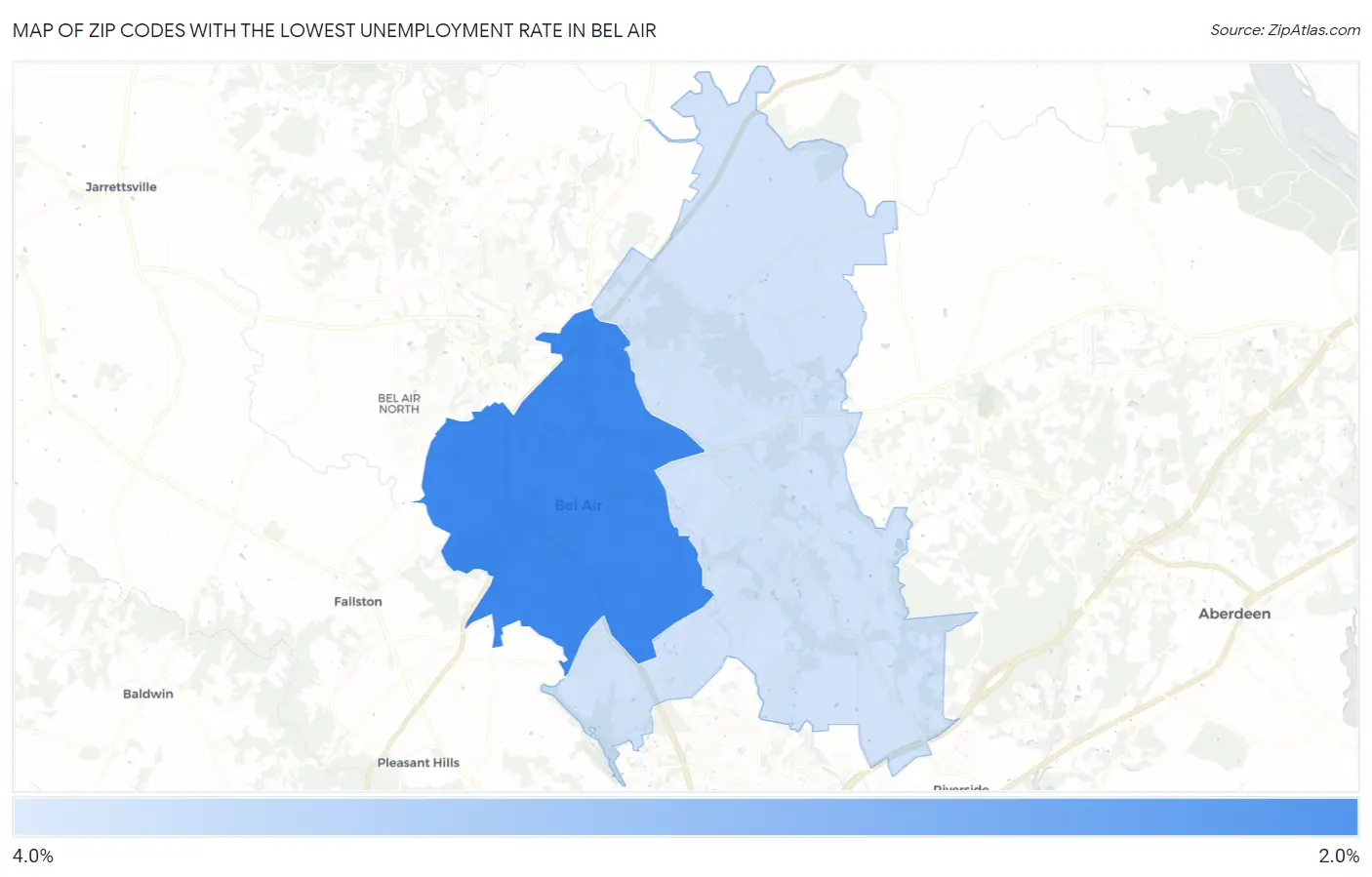 Zip Codes with the Lowest Unemployment Rate in Bel Air Map