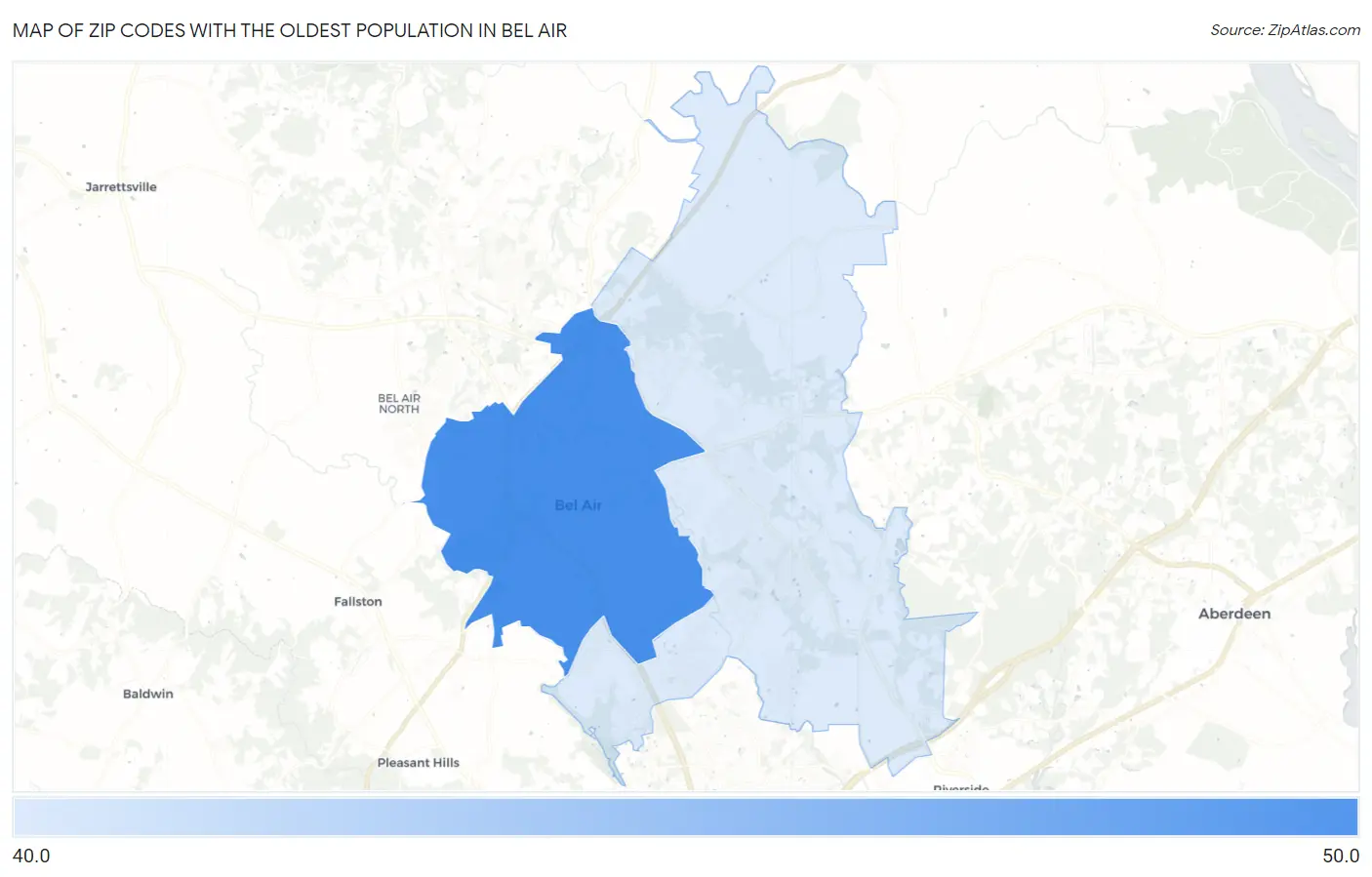 Zip Codes with the Oldest Population in Bel Air Map