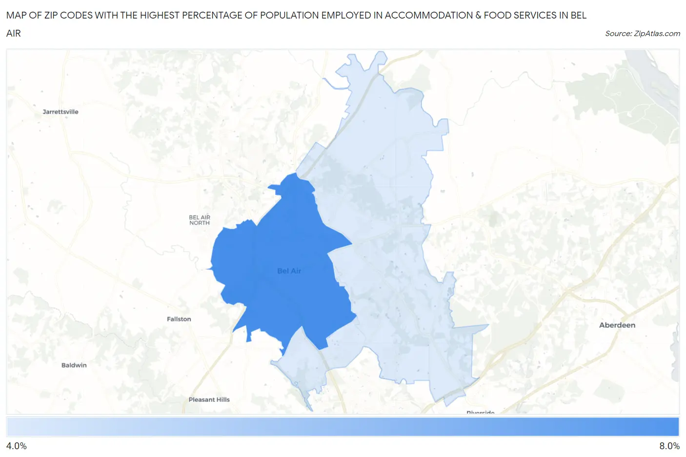 Zip Codes with the Highest Percentage of Population Employed in Accommodation & Food Services in Bel Air Map