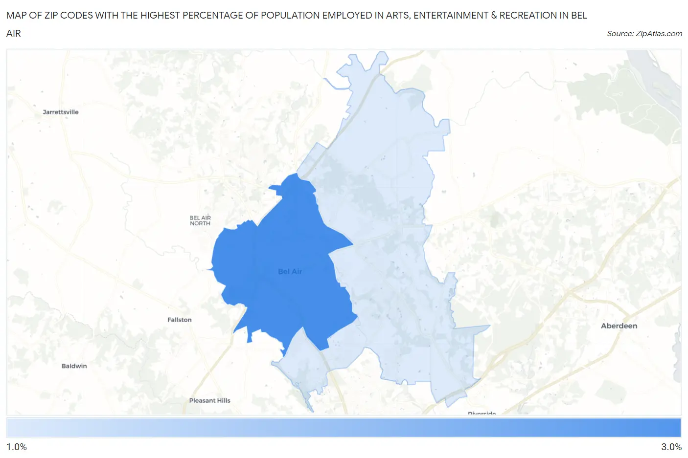 Zip Codes with the Highest Percentage of Population Employed in Arts, Entertainment & Recreation in Bel Air Map