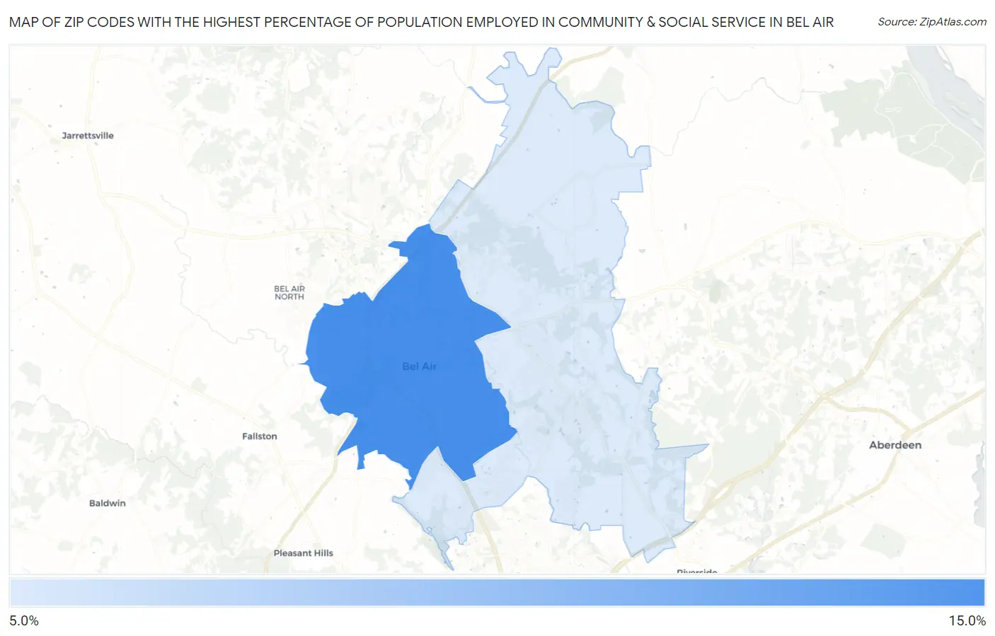 Zip Codes with the Highest Percentage of Population Employed in Community & Social Service  in Bel Air Map