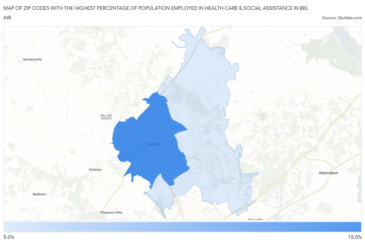 Zip Codes with the Highest Percentage of Population Employed in Health Care & Social Assistance in Bel Air Map