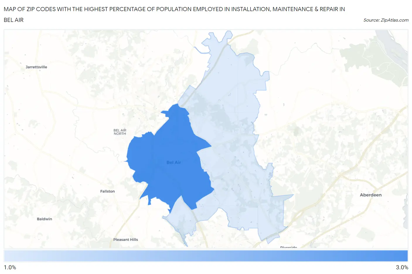 Zip Codes with the Highest Percentage of Population Employed in Installation, Maintenance & Repair in Bel Air Map