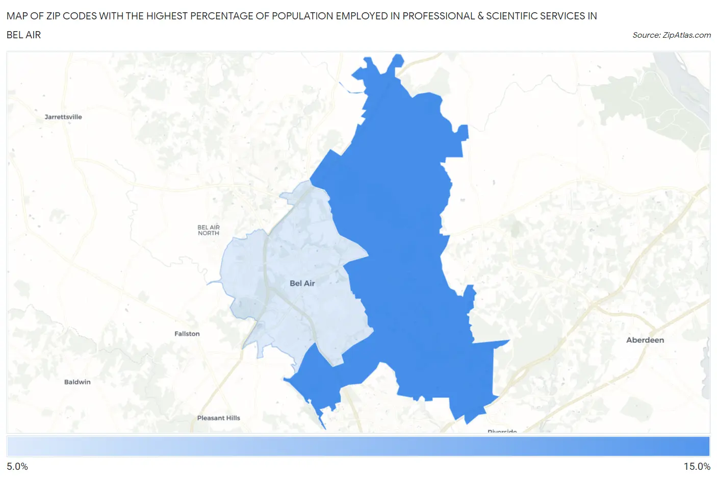Zip Codes with the Highest Percentage of Population Employed in Professional & Scientific Services in Bel Air Map