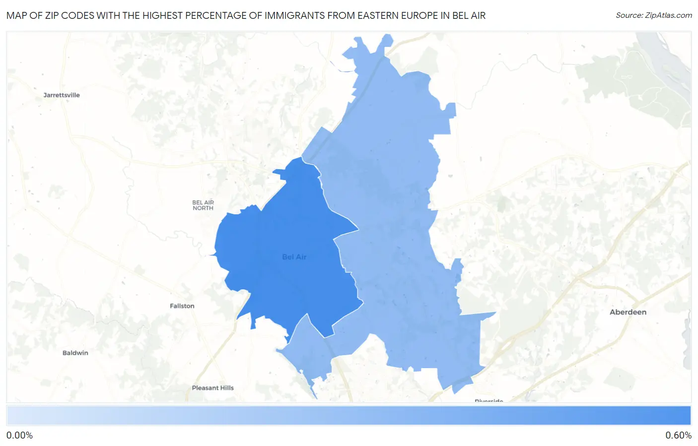 Zip Codes with the Highest Percentage of Immigrants from Eastern Europe in Bel Air Map