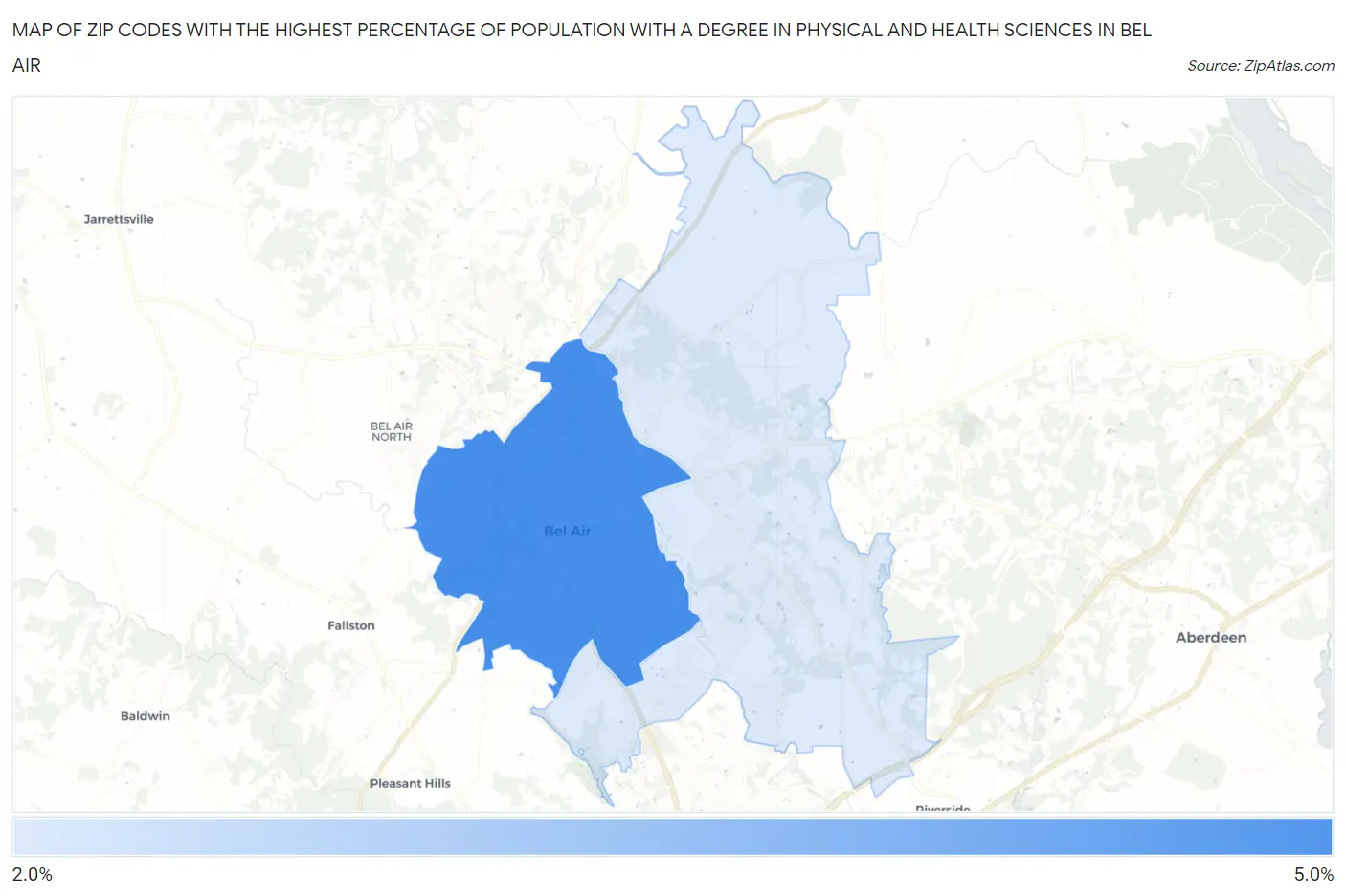 Zip Codes with the Highest Percentage of Population with a Degree in Physical and Health Sciences in Bel Air Map