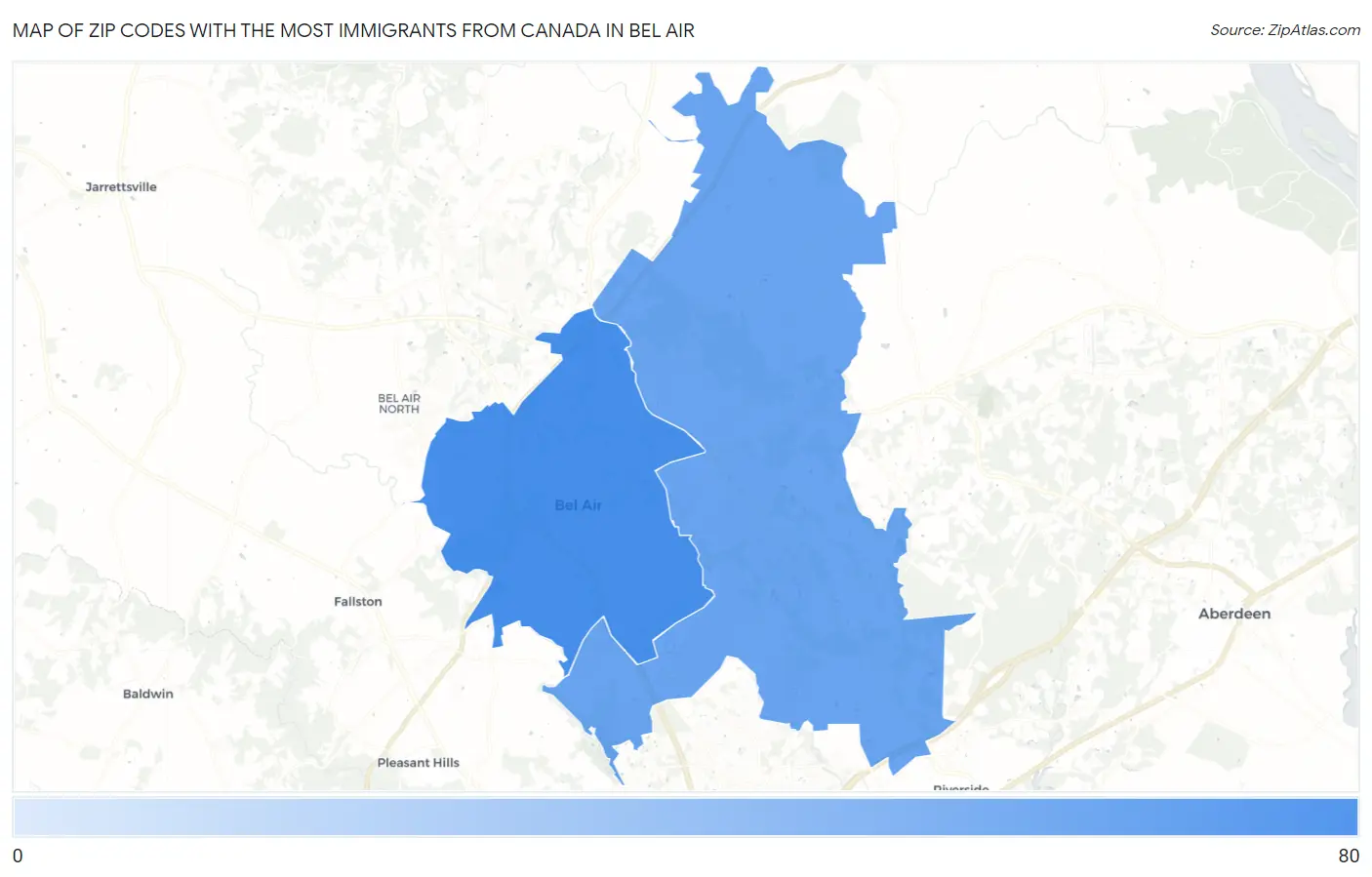 Zip Codes with the Most Immigrants from Canada in Bel Air Map