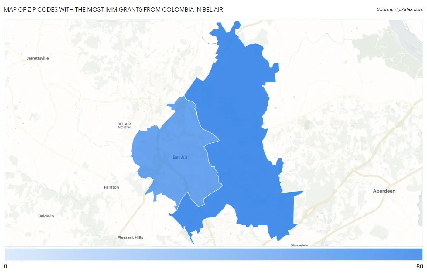 Zip Codes with the Most Immigrants from Colombia in Bel Air Map