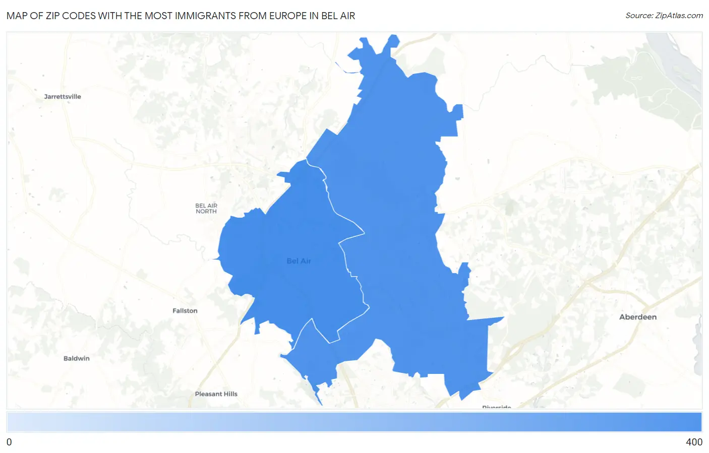 Zip Codes with the Most Immigrants from Europe in Bel Air Map