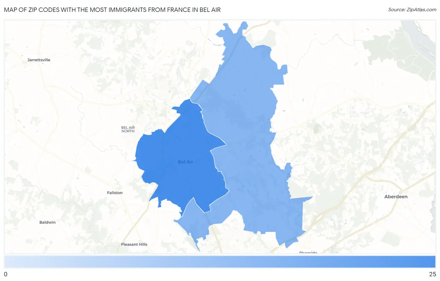 Zip Codes with the Most Immigrants from France in Bel Air Map