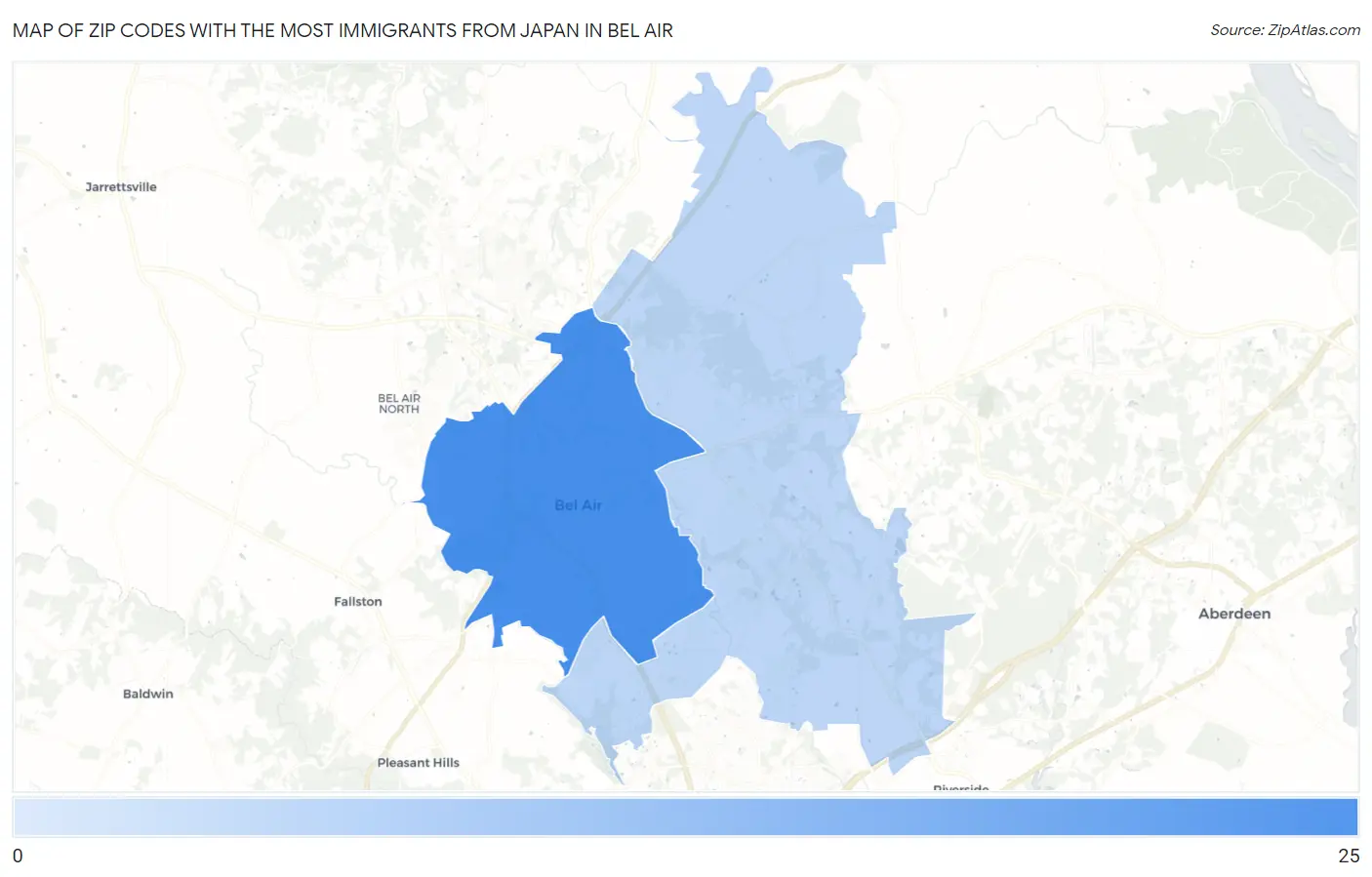 Zip Codes with the Most Immigrants from Japan in Bel Air Map
