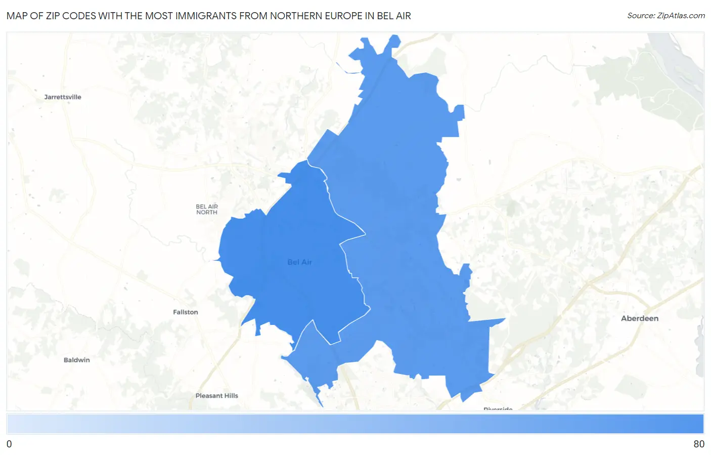Zip Codes with the Most Immigrants from Northern Europe in Bel Air Map
