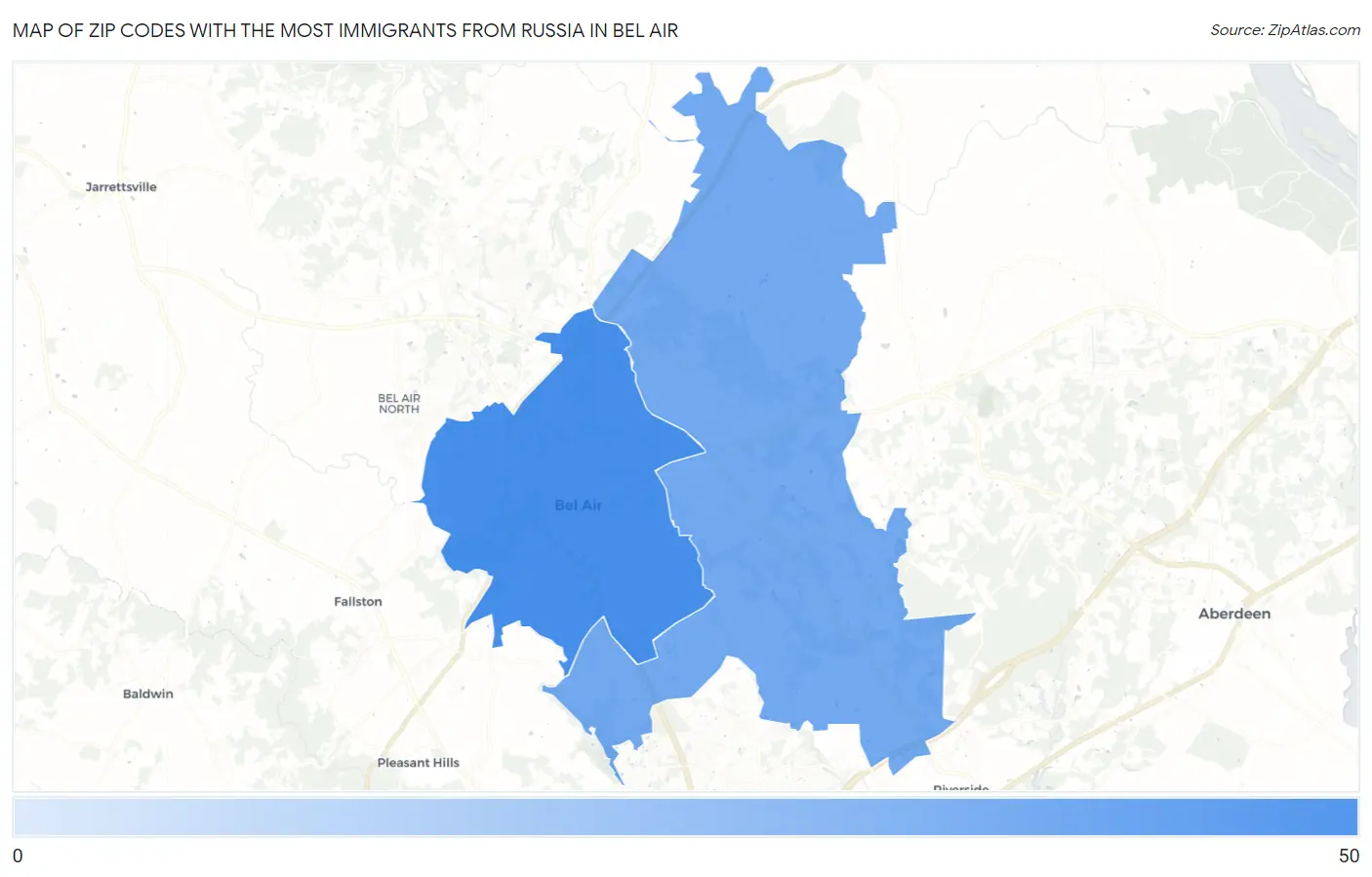 Zip Codes with the Most Immigrants from Russia in Bel Air Map