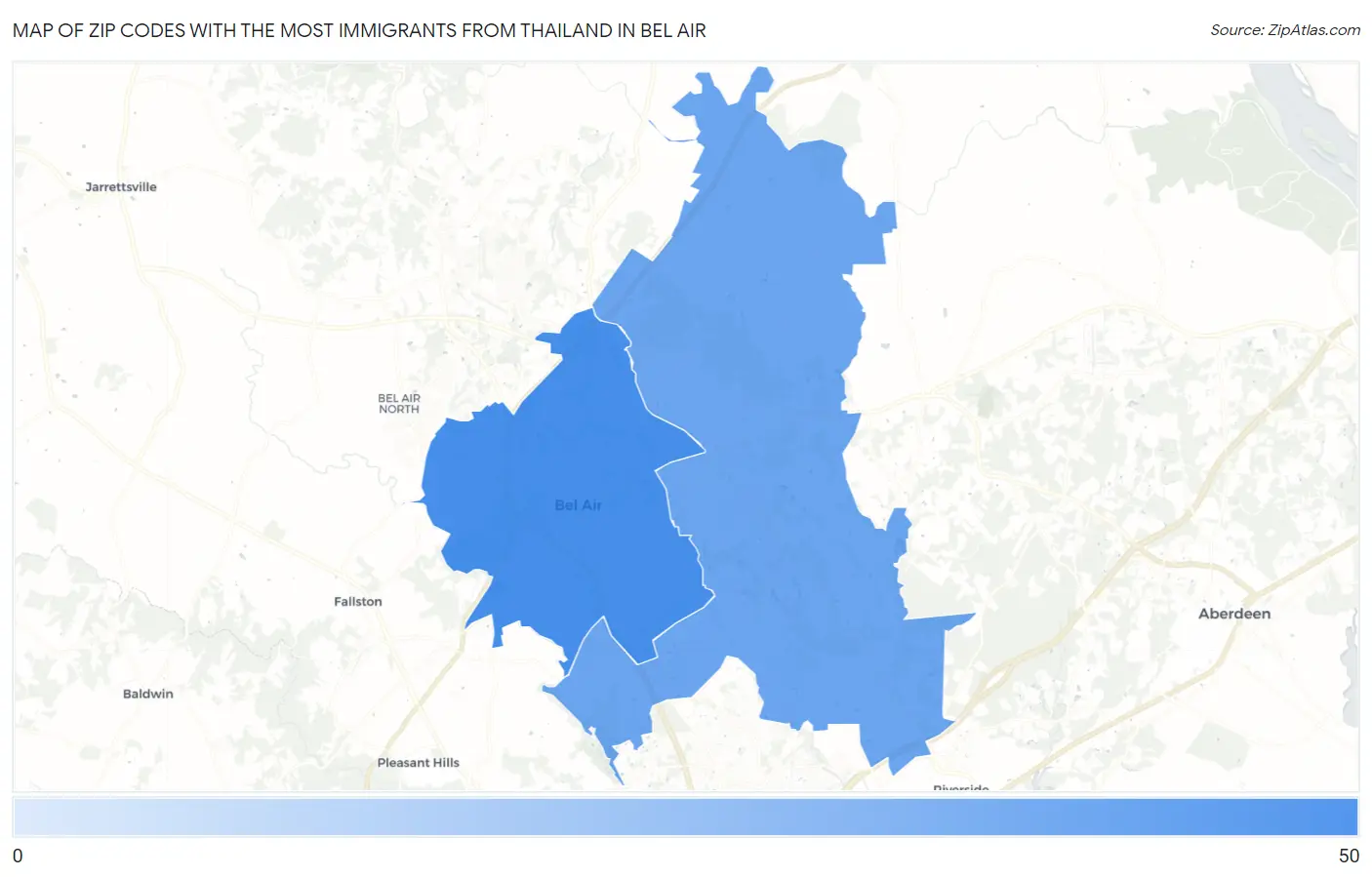 Zip Codes with the Most Immigrants from Thailand in Bel Air Map