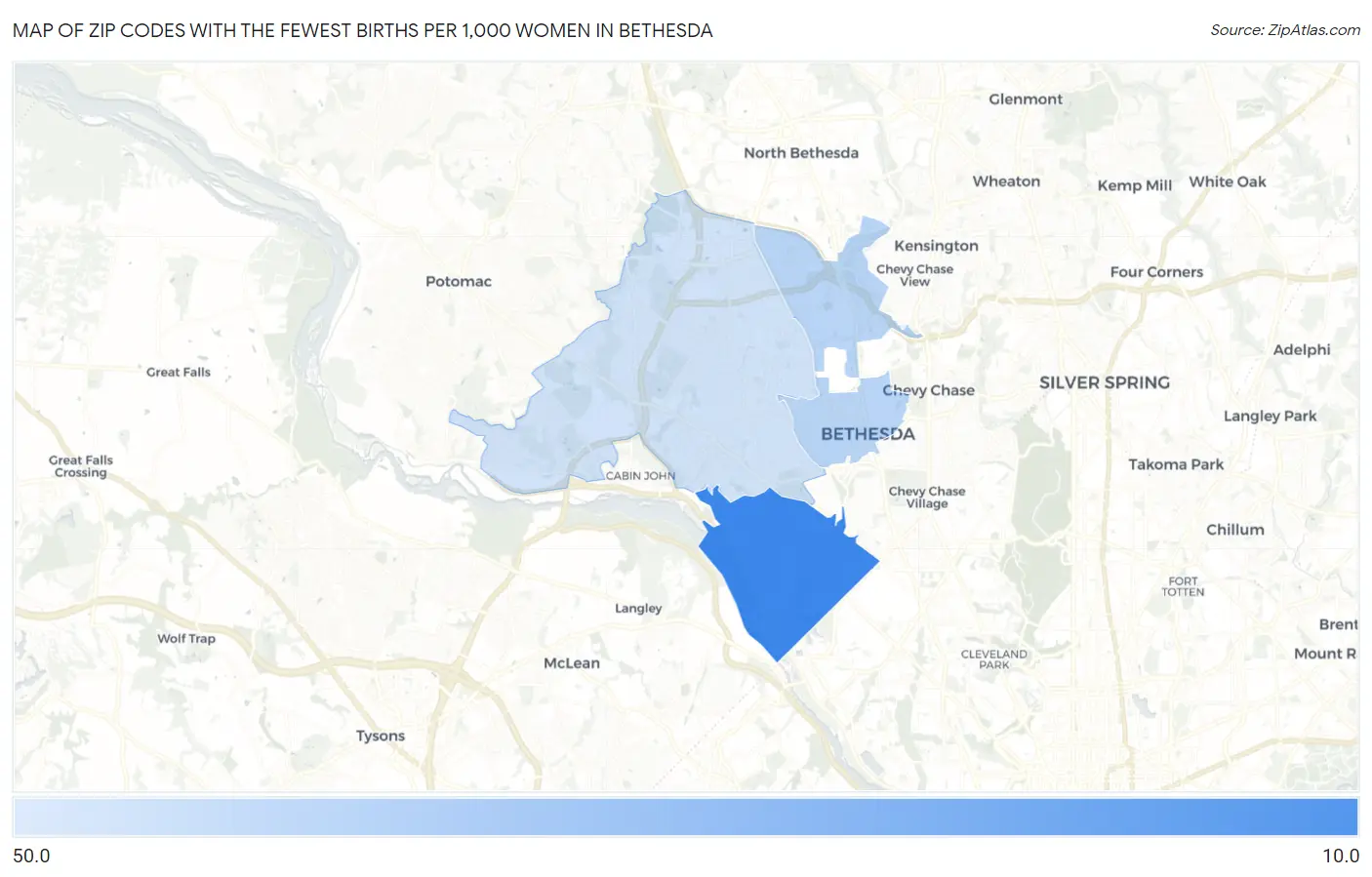 Zip Codes with the Fewest Births per 1,000 Women in Bethesda Map