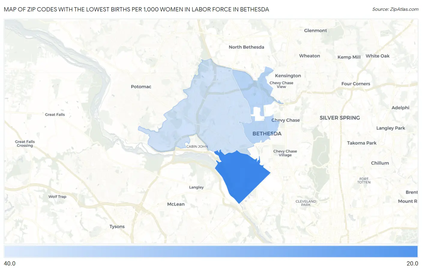 Zip Codes with the Lowest Births per 1,000 Women in Labor Force in Bethesda Map