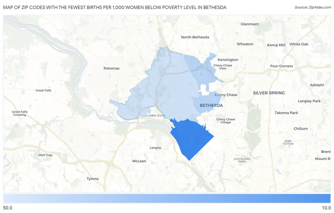 Zip Codes with the Fewest Births per 1,000 Women Below Poverty Level in Bethesda Map
