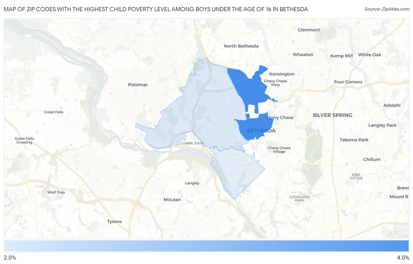 Zip Codes with the Highest Child Poverty Level Among Boys Under the Age of 16 in Bethesda Map
