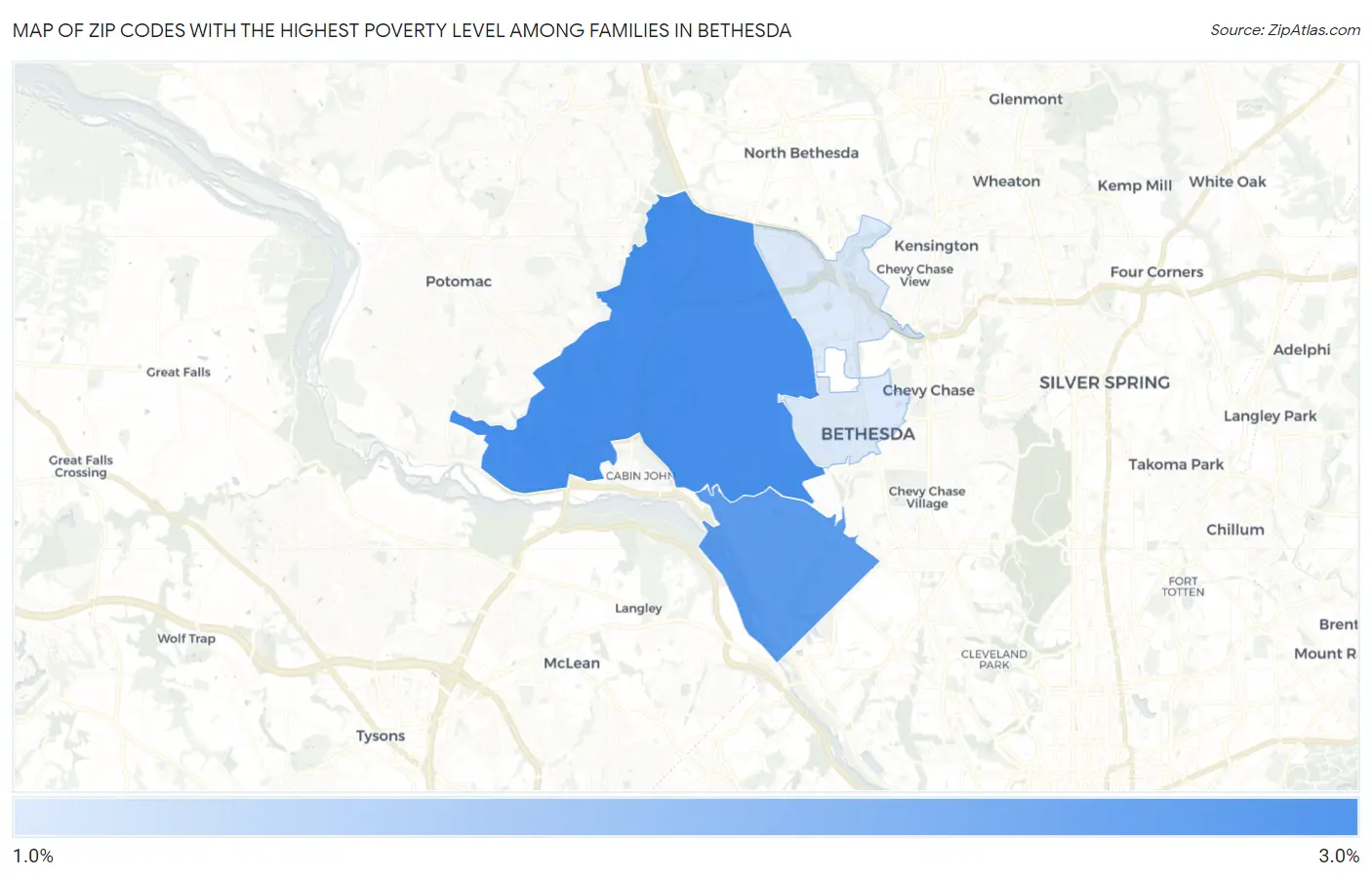 Zip Codes with the Highest Poverty Level Among Families in Bethesda Map