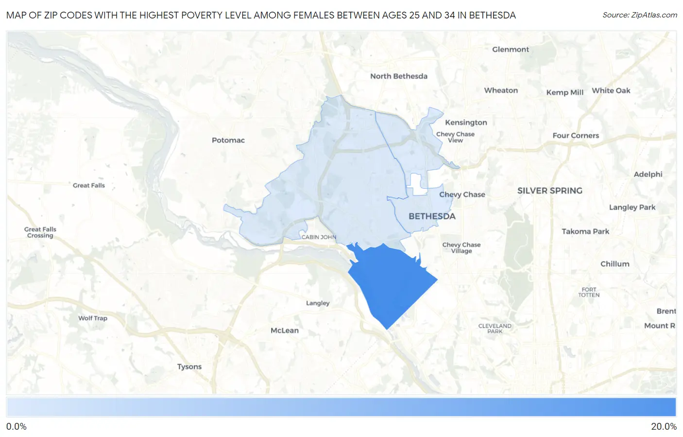 Zip Codes with the Highest Poverty Level Among Females Between Ages 25 and 34 in Bethesda Map